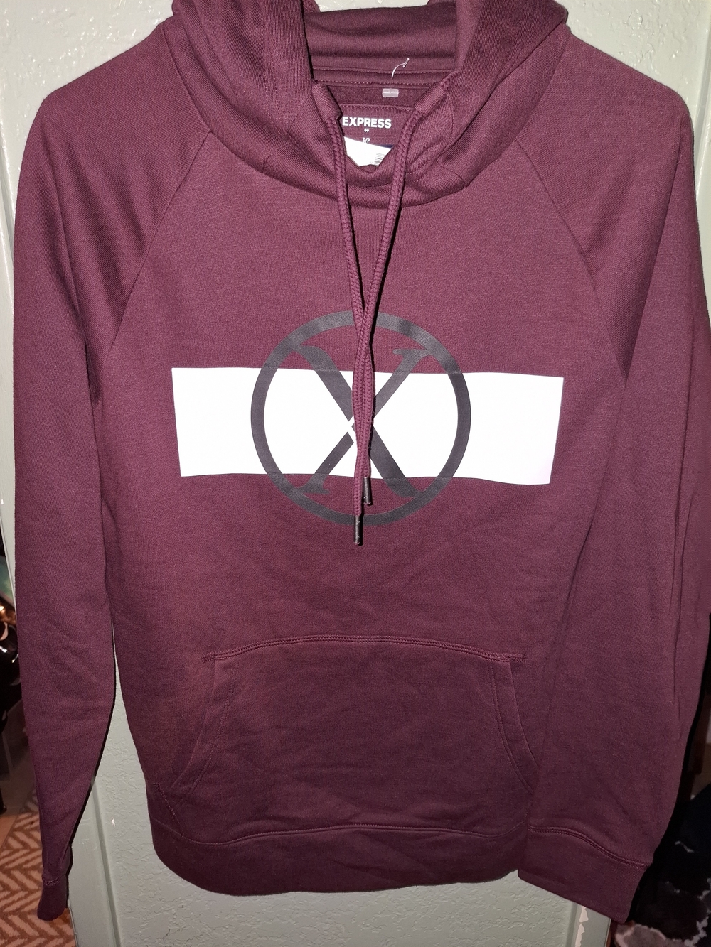 Express Menโs Burgundy Pullover Hoodie with White & Gray Logo